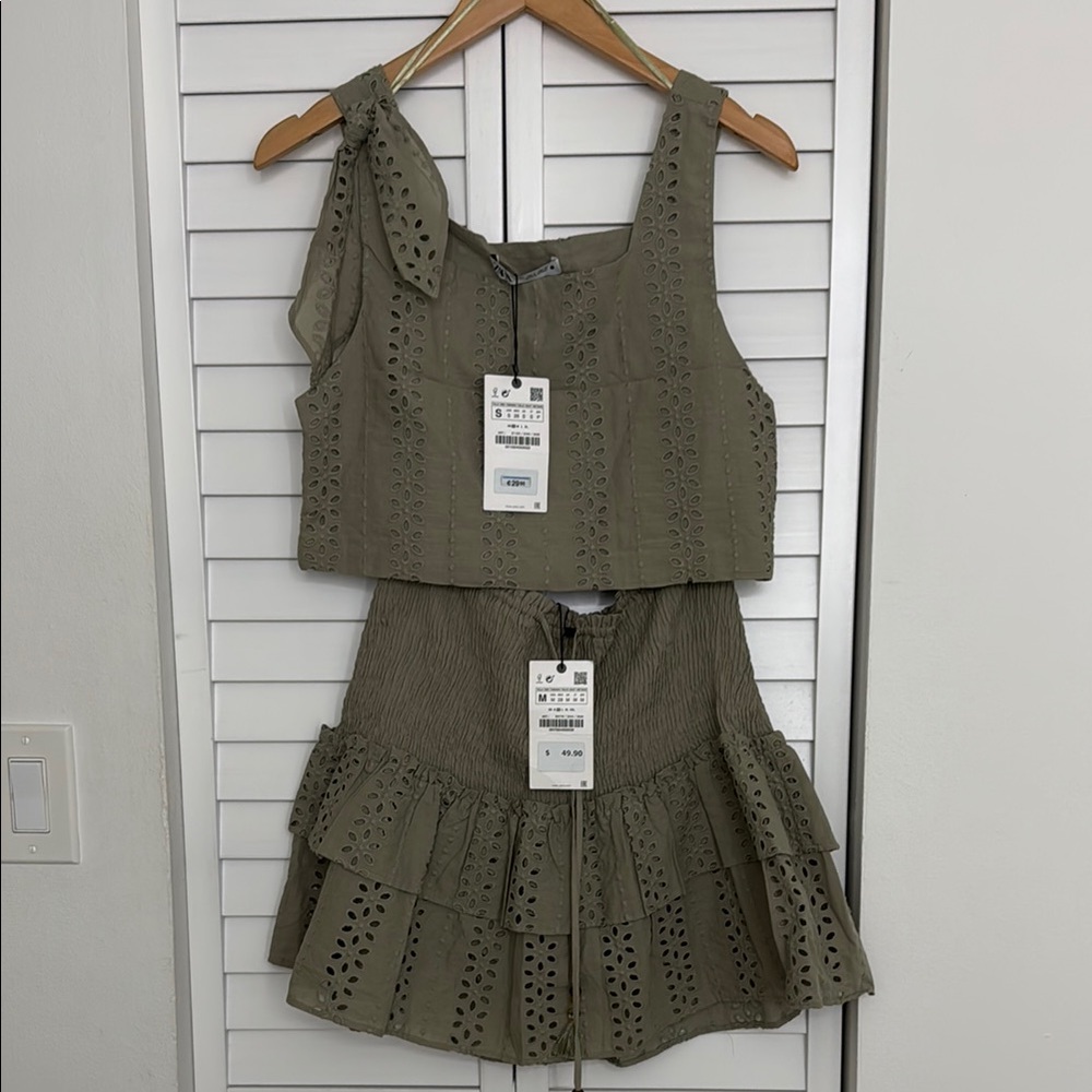 Zara Khaki Eyelet Crop Top and Skirt Set